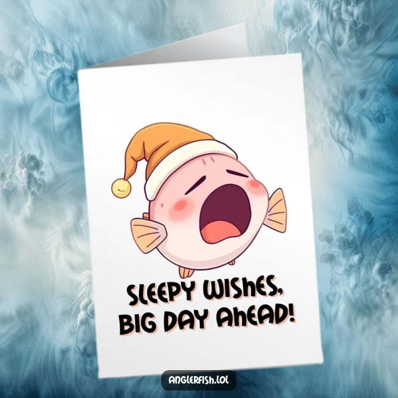 Funny Free Printable Birthday Card: Cute anglerfish in a nightcap yawning widely, perfect for a sleepy birthday wish.