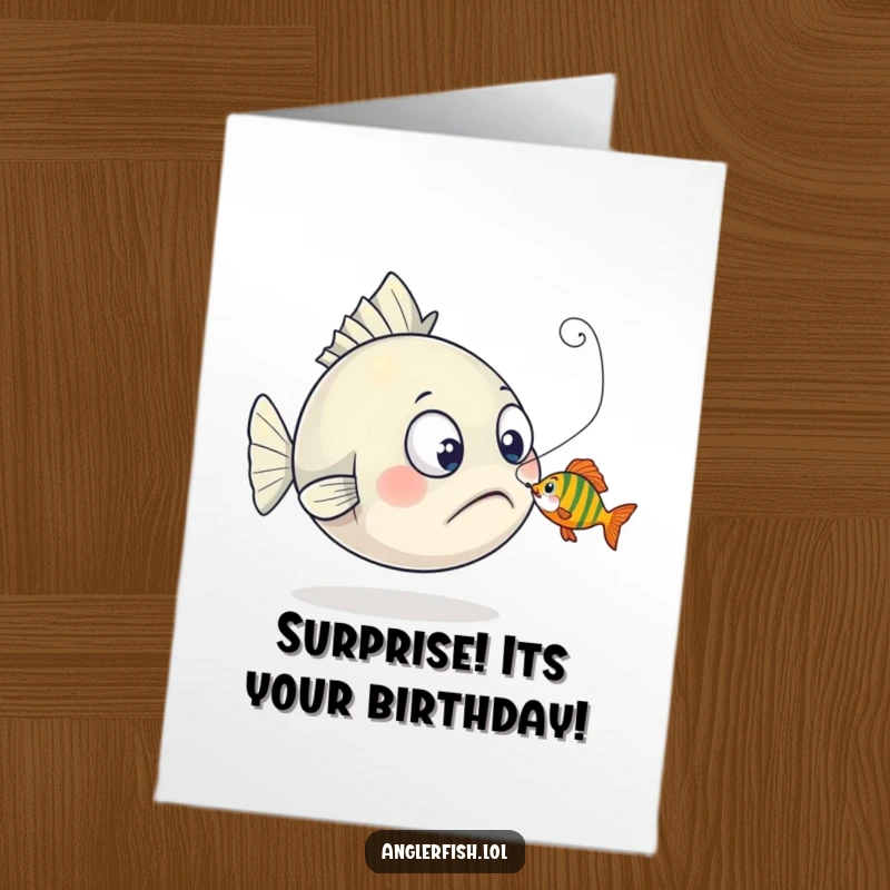 Funny Free Printable Anglerfish Birthday Card: An anglerfish looks surprised as a tiny fish playfully nibbles its glowing lure.