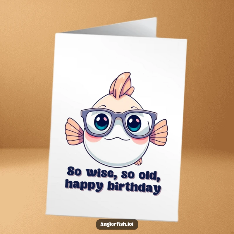 Funny Free Printable Birthday Card: Cute anglerfish with big glasses pondering life's mysteries, a thoughtful downloadable gift.