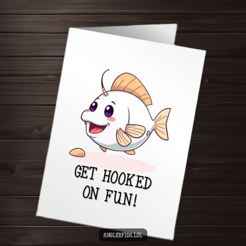Funny Free Printable Birthday Card: Cute anglerfish wigging its tail ecstatically, inviting you to play.