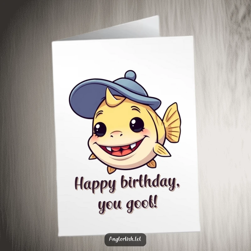Funny Free Printable Anglerfish Birthday Card: An anglerfish with a silly grin sports a comically large, goofy hat for a birthday wish.