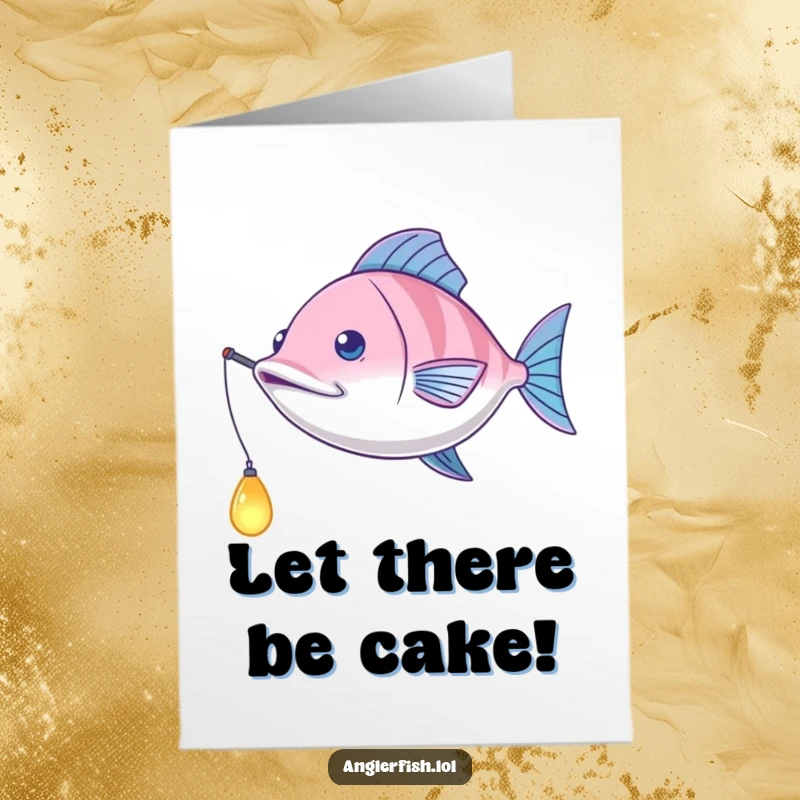 Funny free printable anglerfish birthday card with a playful glow lure swinging like a fun pendulum, ready to wish happy birthday.