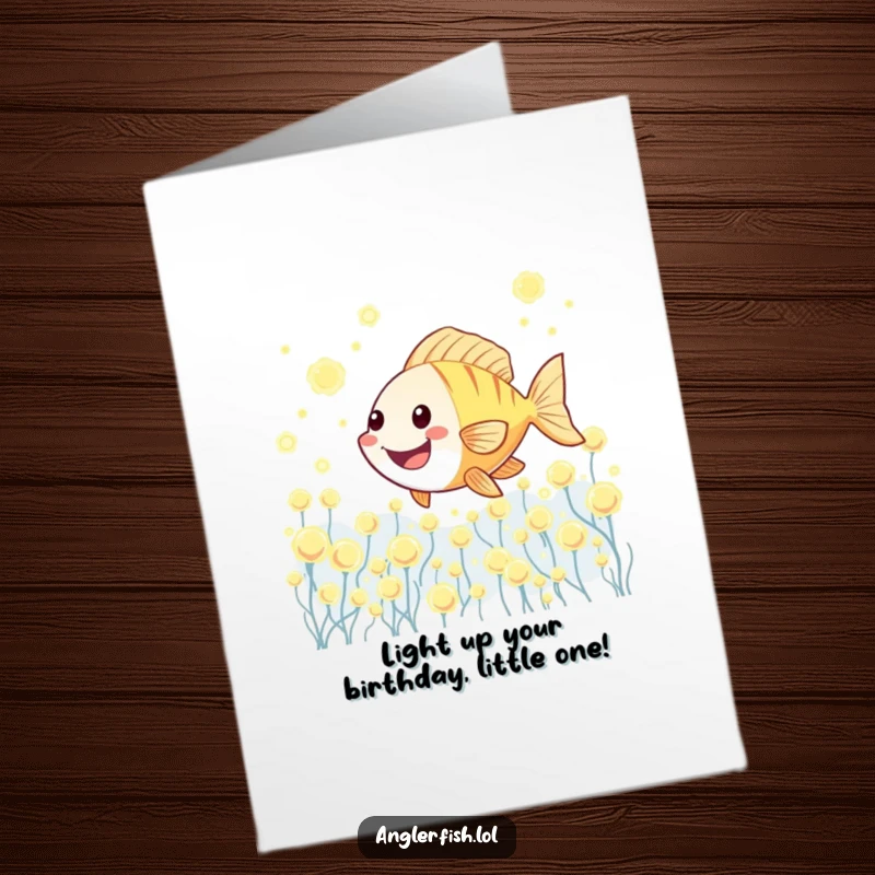 Funny Free Printable Birthday Card: A kawaii anglerfish gleefully swims amidst a magical field of glowing plankton.