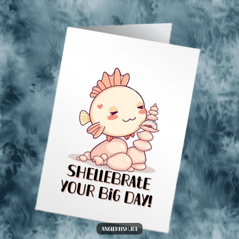 Funny Free Printable Birthday Card: Kawaii anglerfish hilariously struggles to balance a tall stack of seashells.
