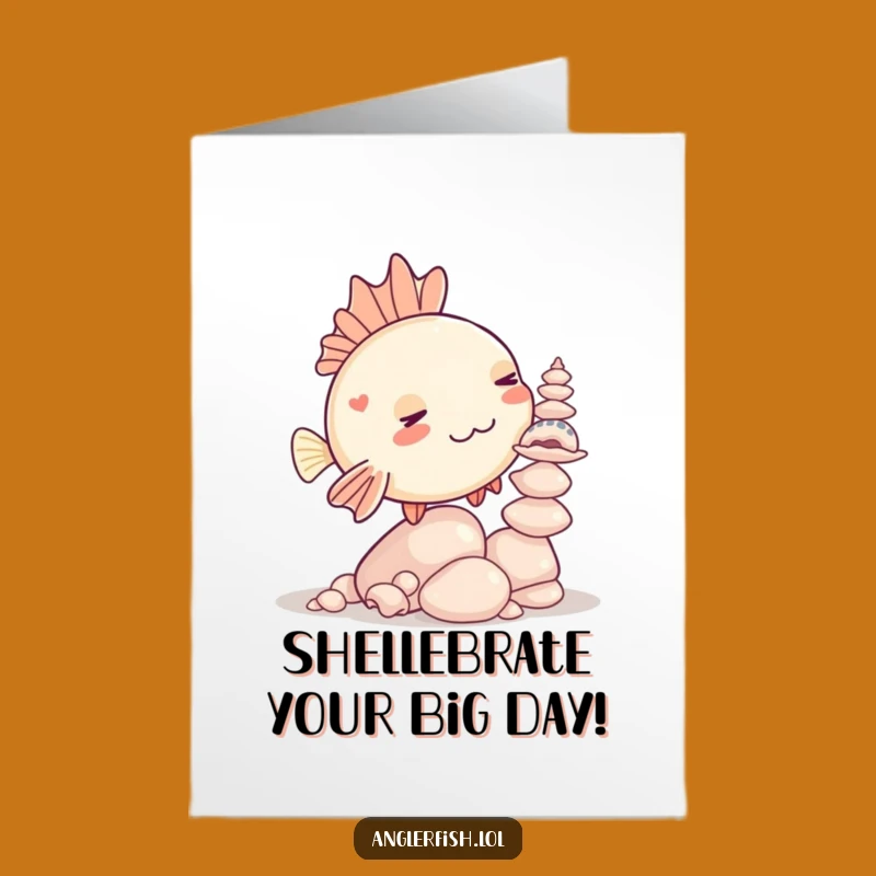 Free Printable Funny Birthday Card: Kawaii Anglerfish Balancing Seashells