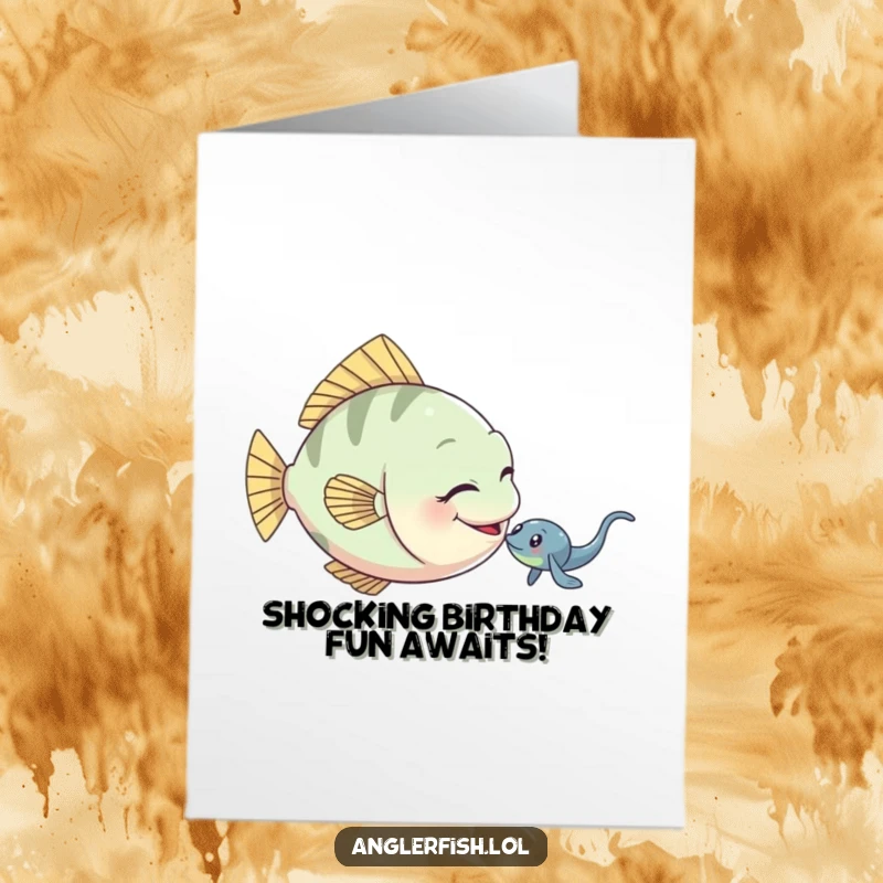 Funny free printable anglerfish birthday card, a playful fish gently nudging an electric eel.