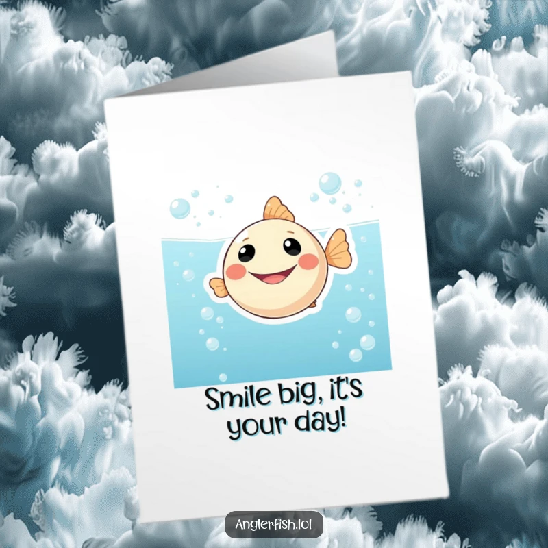 Funny Free Printable Anglerfish Birthday Card: A smiling anglerfish floats happily in bubbly water, ready to deliver birthday wishes.