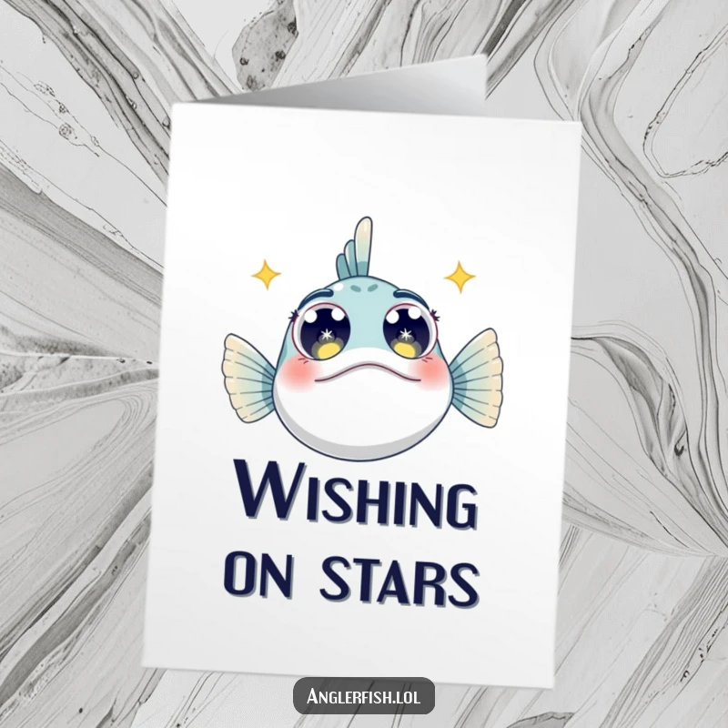 Whimsical free printable anglerfish birthday card showing an anglerfish gazing upwards with wide, enchanting starry eyes.