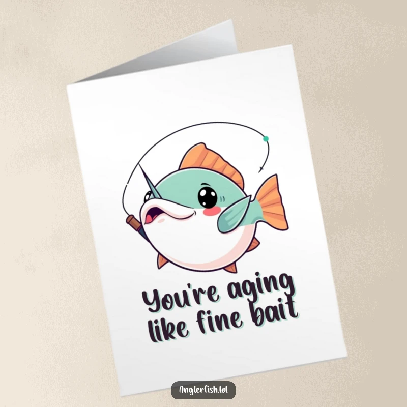 Funny Free Printable Birthday Card: A kawaii anglerfish striking a dramatic pose with its lure held high, a heroic downloadable message.