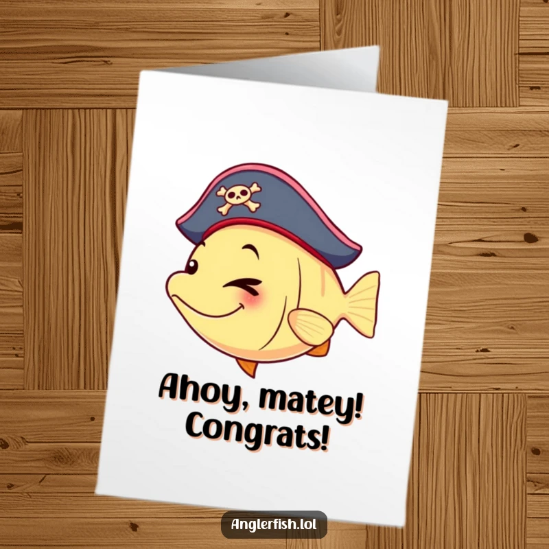Funny Free Printable Congratulations Card showing a pirate anglerfish with a tiny hat winking mischievously.