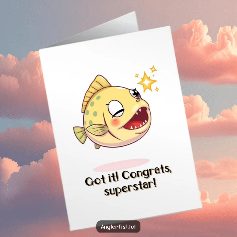 Funny free printable anglerfish congratulations card, a determined fish chasing a sparkle with its jaws.