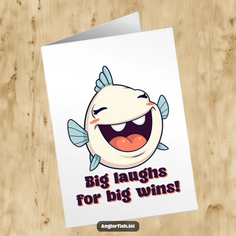 Funny Free Printable Congratulations Card: An anglerfish character laughing heartily with its mouth wide open, a joyful downloadable.