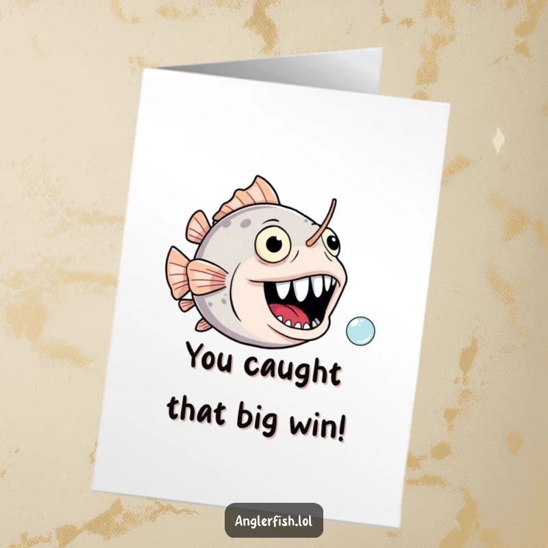 Funny Free Printable Congratulations Card: Anglerfish with a gaping, joyful mouth chasing a celebratory bubble.
