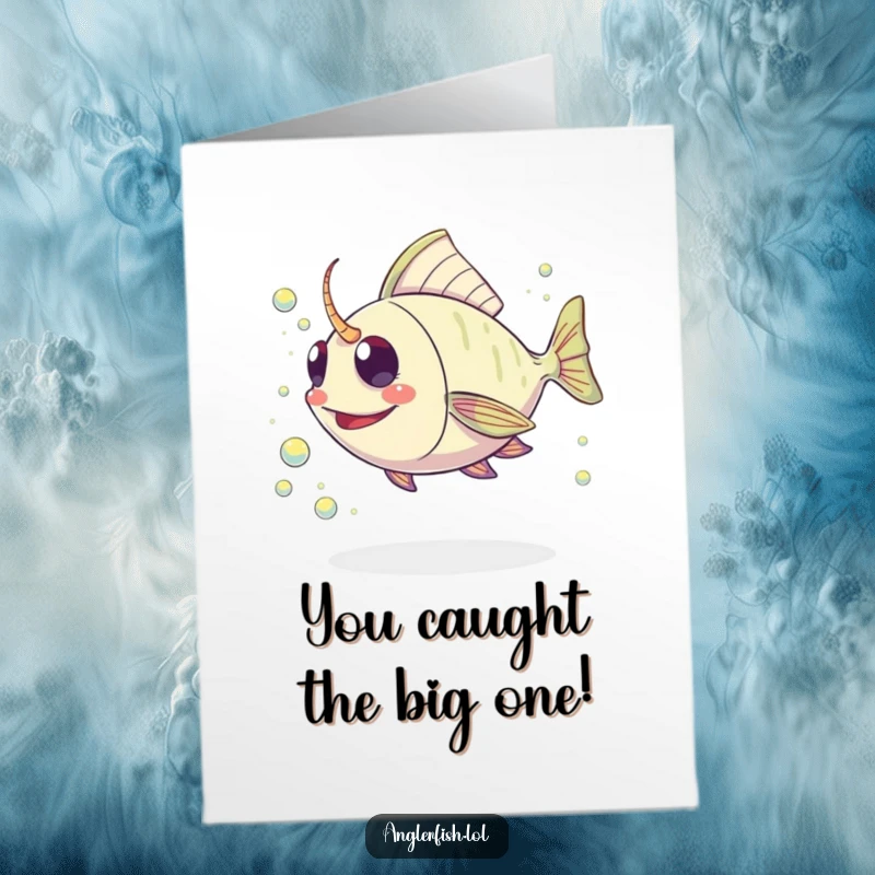 Funny Free Printable Congratulations Card featuring a kawaii anglerfish happily chasing plankton, a whimsical downloadable greeting.