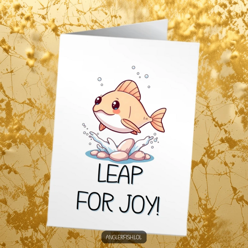 Funny free printable kawaii anglerfish congratulations card showing a happy anglerfish leaping out of the water with a big splash.