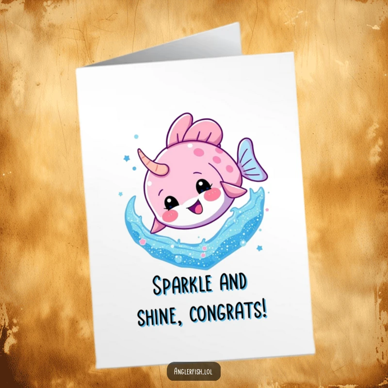 Free Printable Congratulations Card: An anglerfish enthusiastically diving into a dazzling swirl of colorful glitter for a big win.