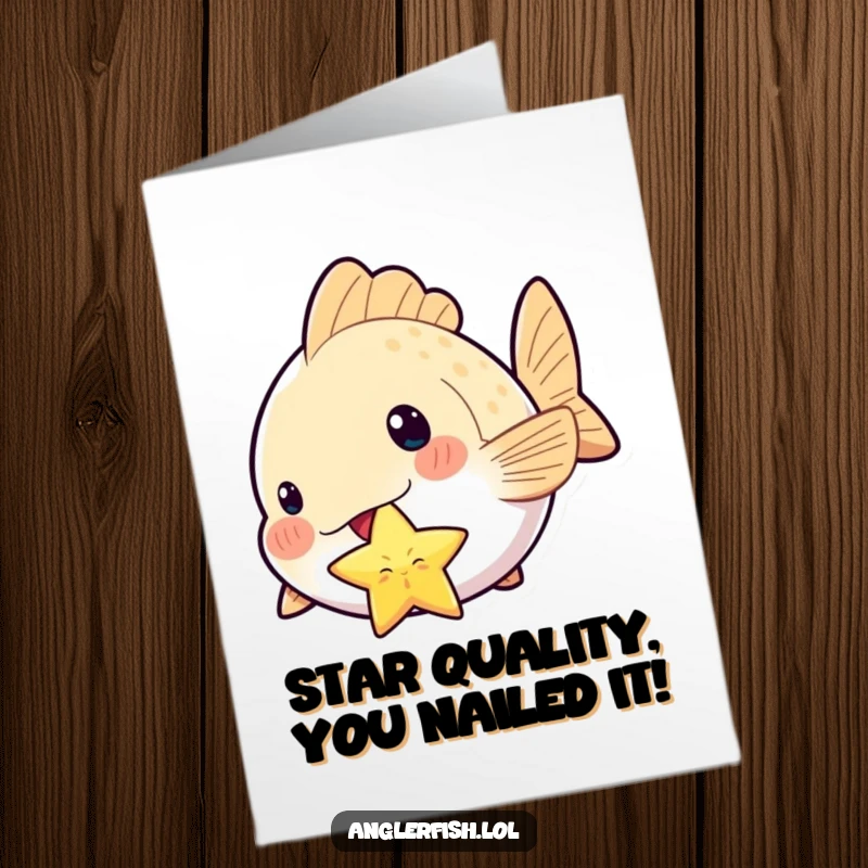 Funny Free Printable Kawaii Anglerfish Congratulations Card: A proud kawaii anglerfish clutches a star, celebrating a big win with style.
