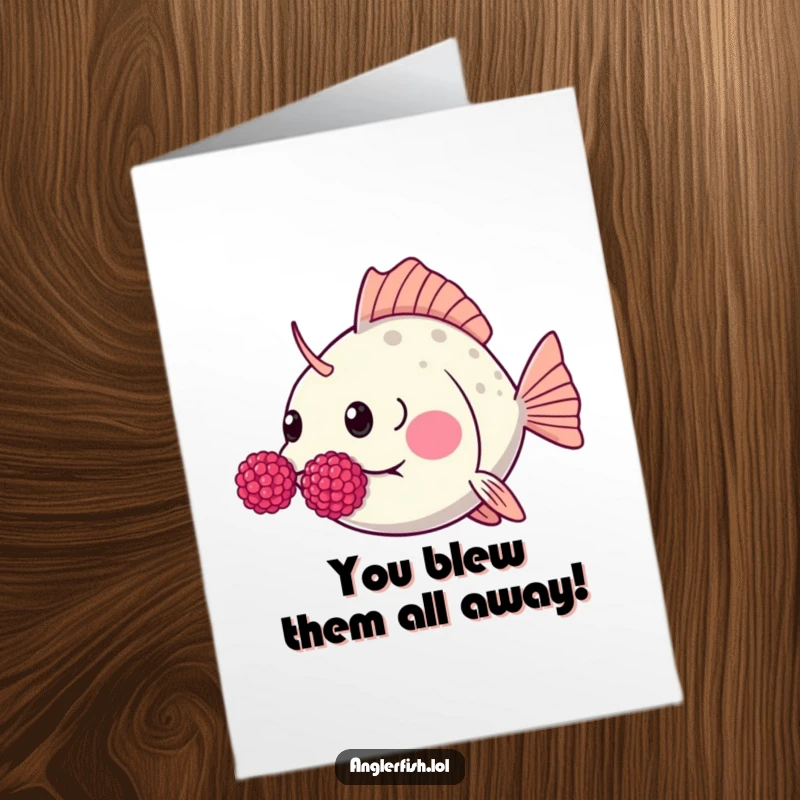 Funny Free Printable Congratulations Card: A kawaii anglerfish exaggerates cheek puffing to blow a cheeky raspberry.