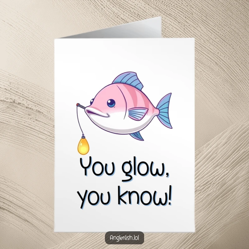 Funny free printable anglerfish congratulations card showing a playful anglerfish swinging its glowing lure to celebrate a big achievement.