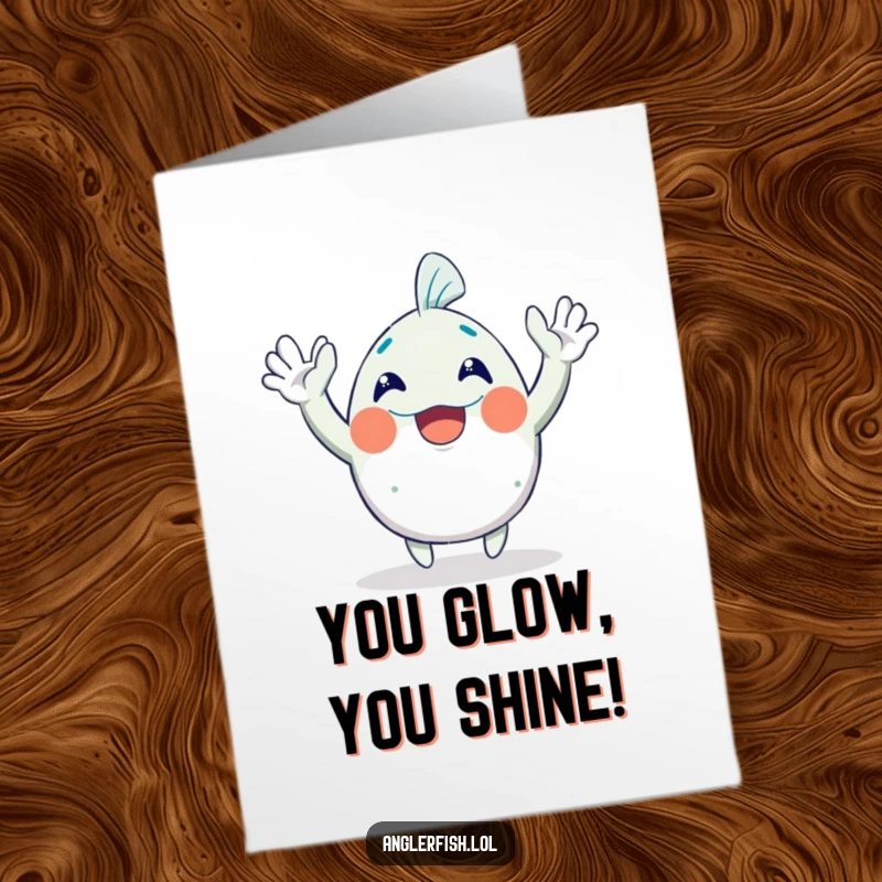 Free Printable Congratulations Card: An excited anglerfish character waving both hands enthusiastically to celebrate achievements.