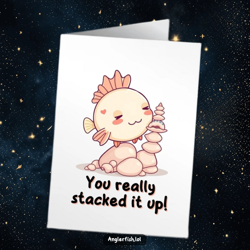 Funny Free Printable Congratulations Card: Kawaii anglerfish wobbles precariously with a giant stack of shiny seashells.