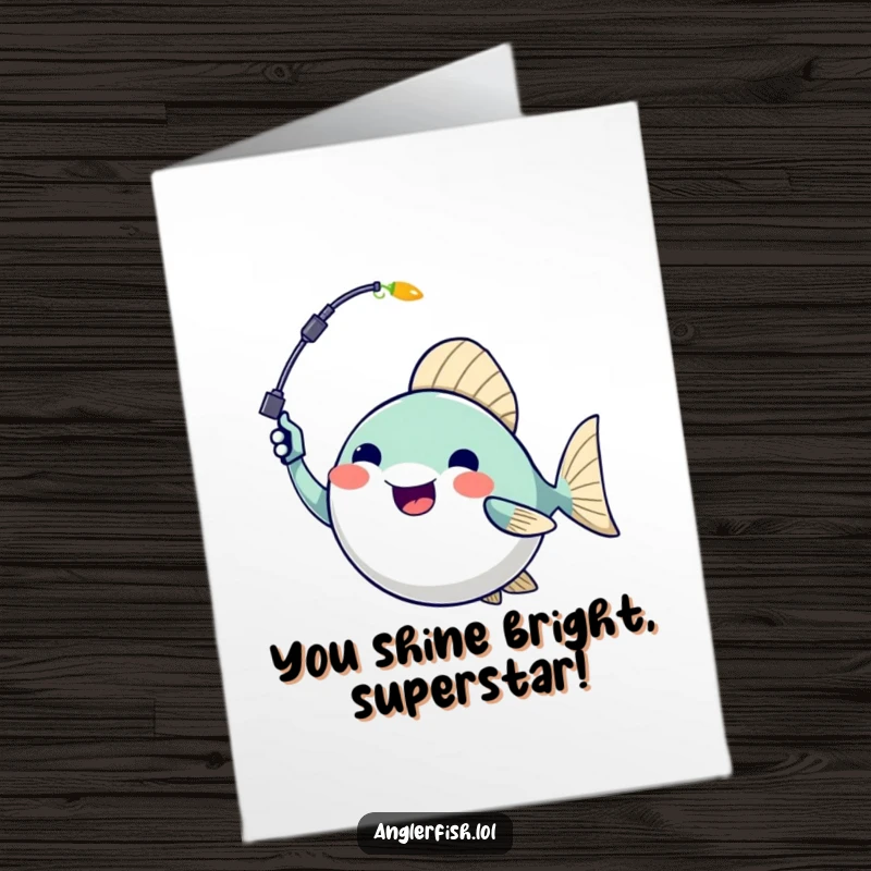 Funny Free Printable Congratulations Card showing a delighted anglerfish waving its glowing lure victoriously.