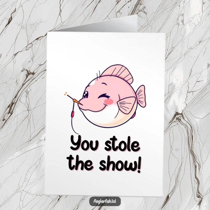 Funny Free Printable Congrats Card: Kawaii anglerfish winking cheekily with its lure as a spotlight, celebrating with flair.