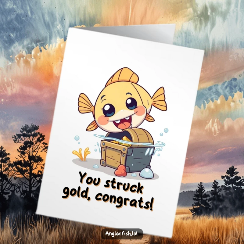 Funny Free Printable Congratulations Card showing a surprised anglerfish stumbling over a treasure chest.