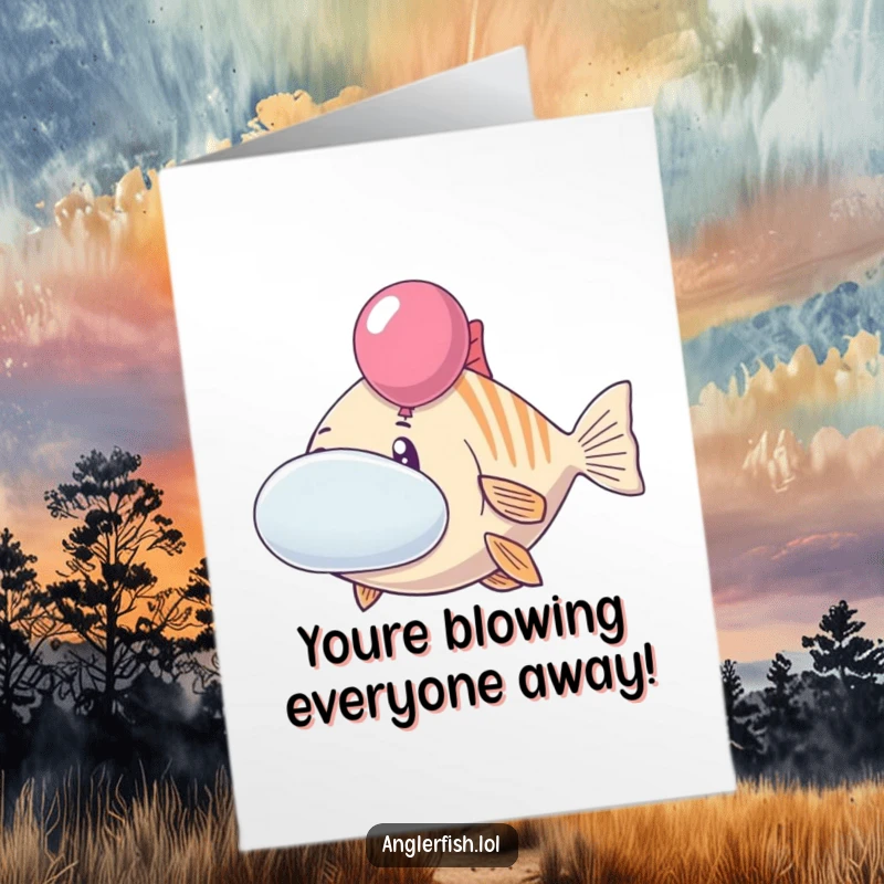 Funny Free Printable Congrats Card: Cheerful anglerfish with very puffed out round cheeks like balloons.