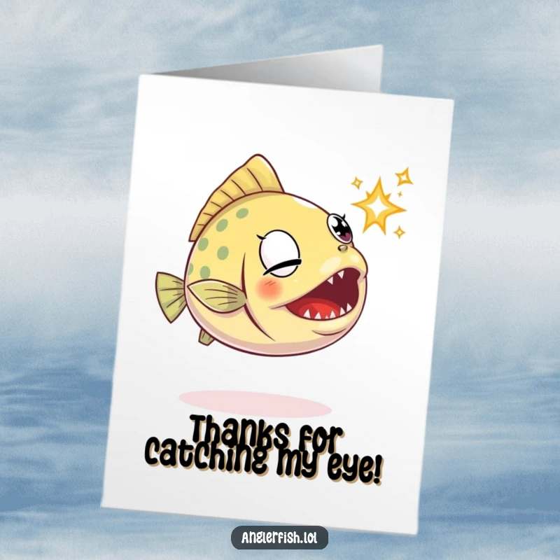 Funny free printable anglerfish thank you card, a determined fish snapping at a sparkle in the water.