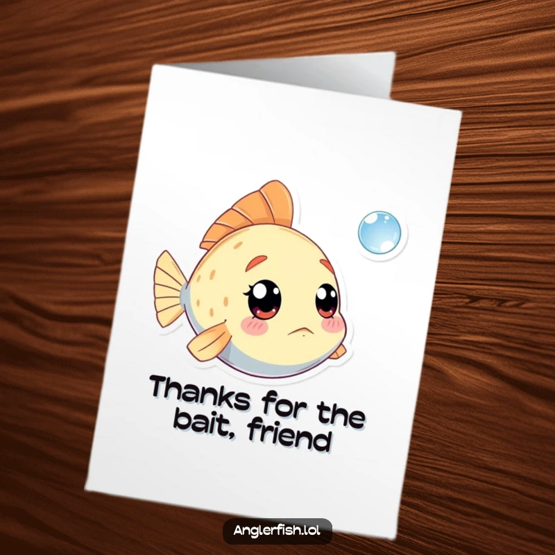 Funny Free Printable Thank You Card with a kawaii anglerfish looking surprised at a bubble, a perfect downloadable gift.