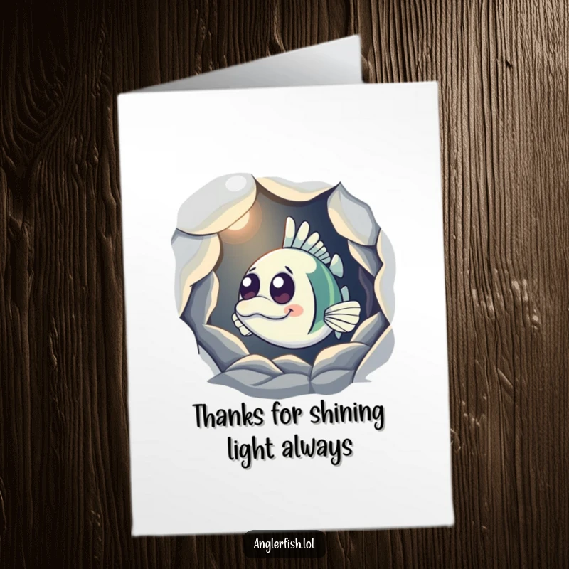 Funny Free Printable Thank You Card: Anglerfish peeking from a cave, its light glowing, conveying a uniquely illuminated thank you.