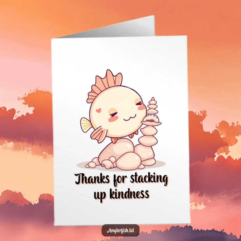 Funny Free Printable Thank You Card: A kawaii anglerfish proudly balances a huge, unstable tower of seashells.