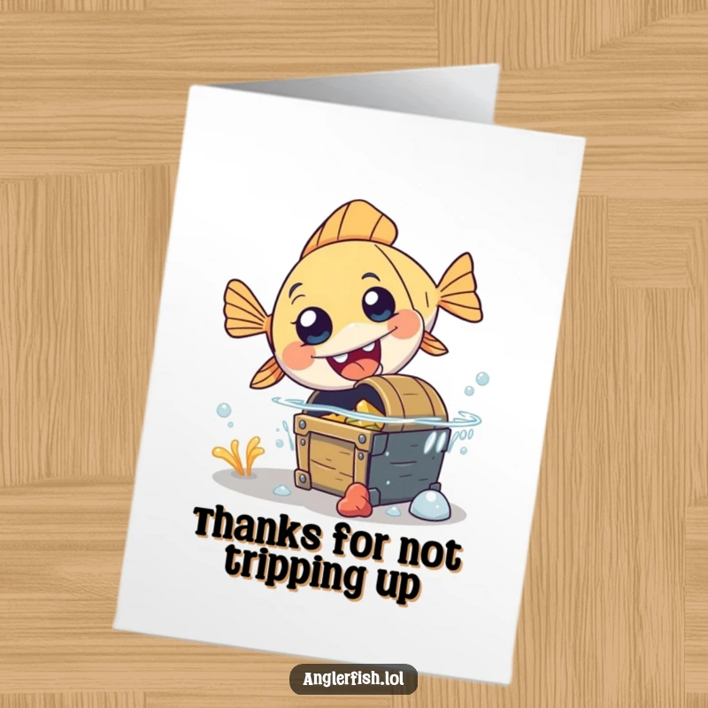 Funny Free Printable Thank You Card depicting an anglerfish surprisedly tripping over a treasure chest.