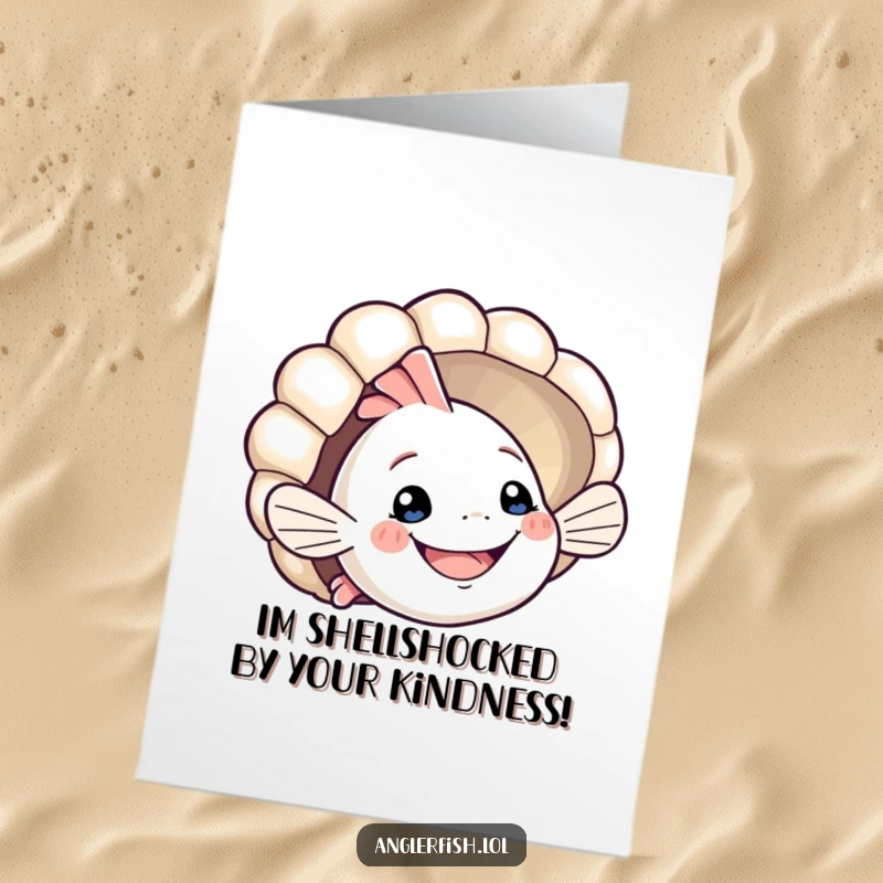 Funny Free Printable Thank You Card: Anglerfish smiling shyly while peeking from behind a large seashell.