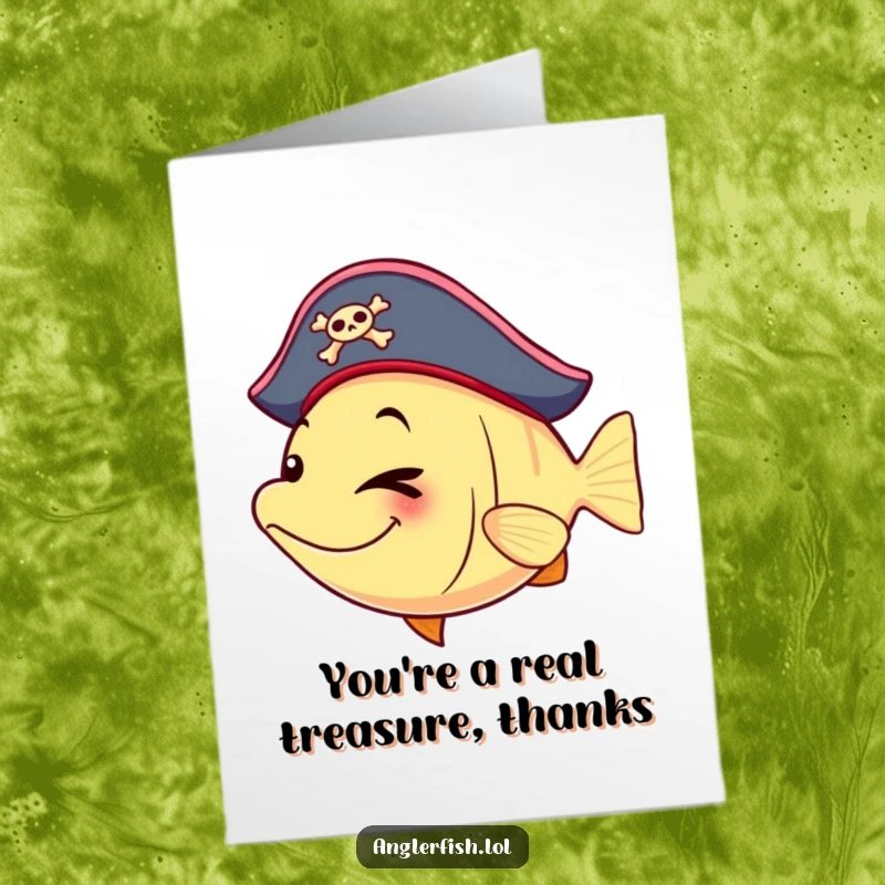 Funny Free Printable Thank You Card of a pirate anglerfish wearing a small hat and giving a playful wink.