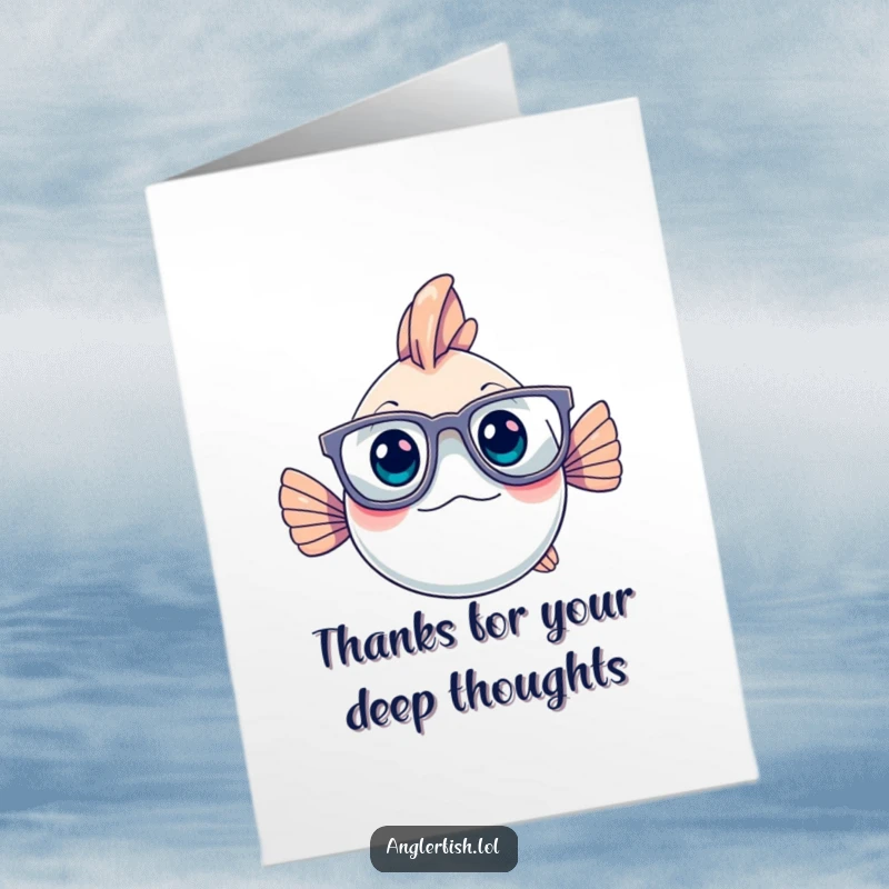 Funny Free Printable Thank You Card: A cute anglerfish with big glasses looking thoughtful, perfect for a humorous thank you.