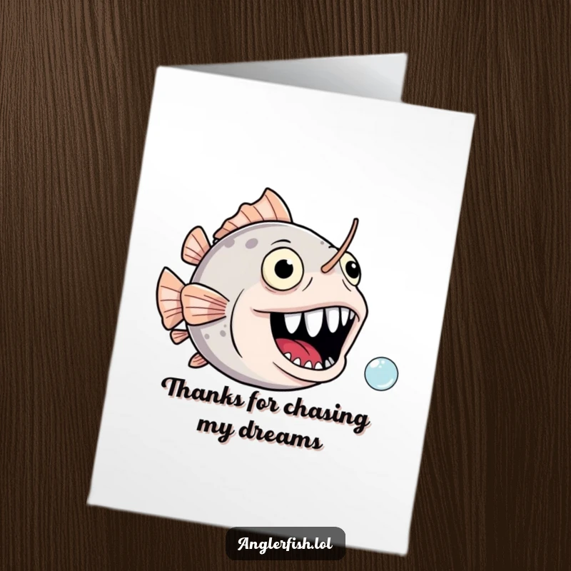 Funny Free Printable Thank You Card: Anglerfish with a gaping, joyful mouth comically chasing a thank you bubble.
