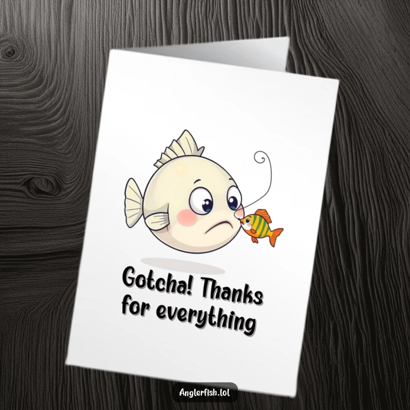 Funny Free Printable Anglerfish Thank You Card: An anglerfish looks surprised as a tiny fish playfully nibbles its lure, adding humor to thanks.
