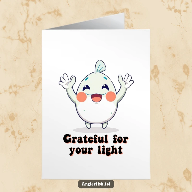 Funny Free Printable Thank You Card: A cheerful anglerfish character waving both hands, expressing gratitude with a smile.