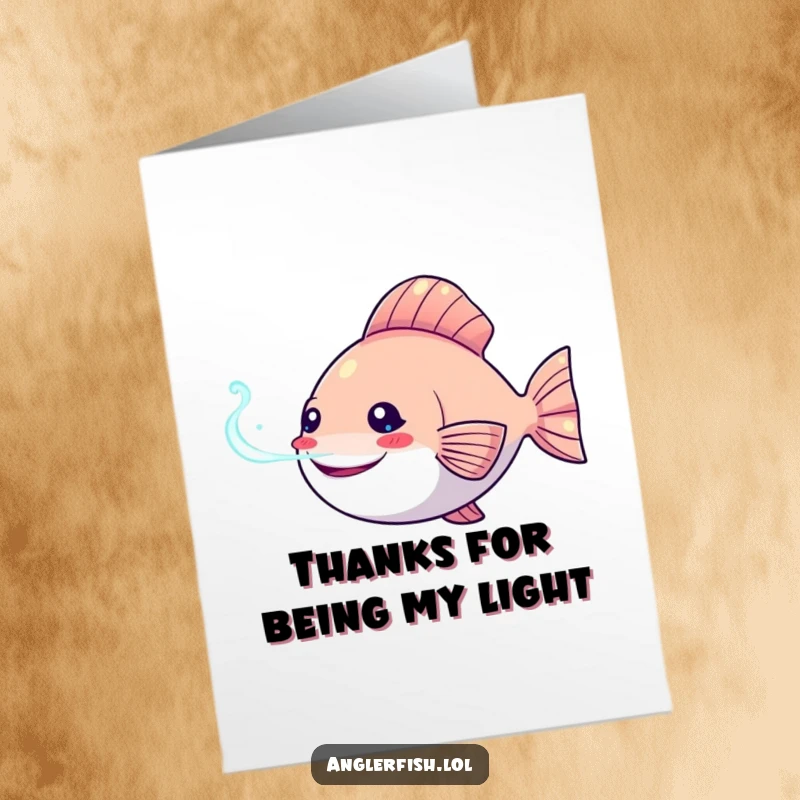 Funny Free Printable Thank You Card: Kawaii anglerfish happily shining its bioluminescent lure, expressing thanks brightly.
