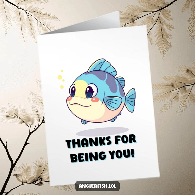 Funny Free Printable Thank You Card: Kawaii anglerfish amazed by its glowing reflection, a humorous thank you.