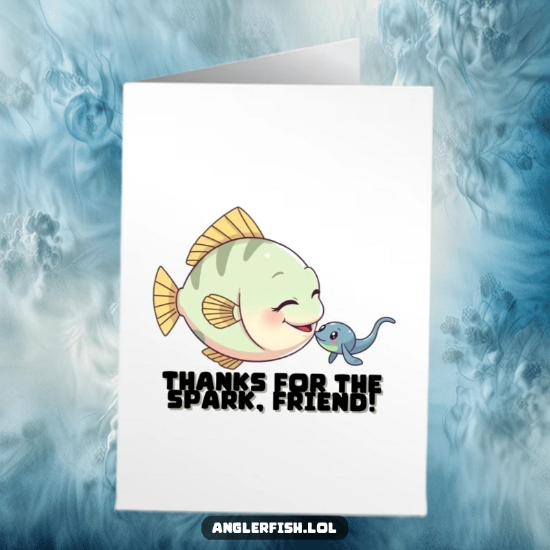 Funny free printable anglerfish thank you card, a playful fish nudging an electric eel gently.