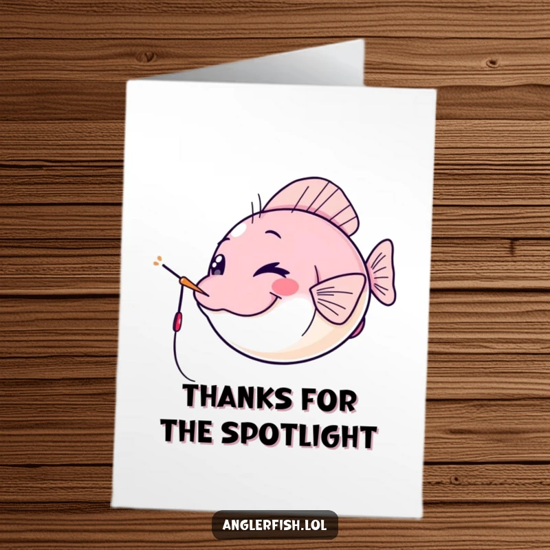 Funny Free Printable Thank You Card: Kawaii anglerfish winking cheekily with its lure as a spotlight, a cheeky thank you.