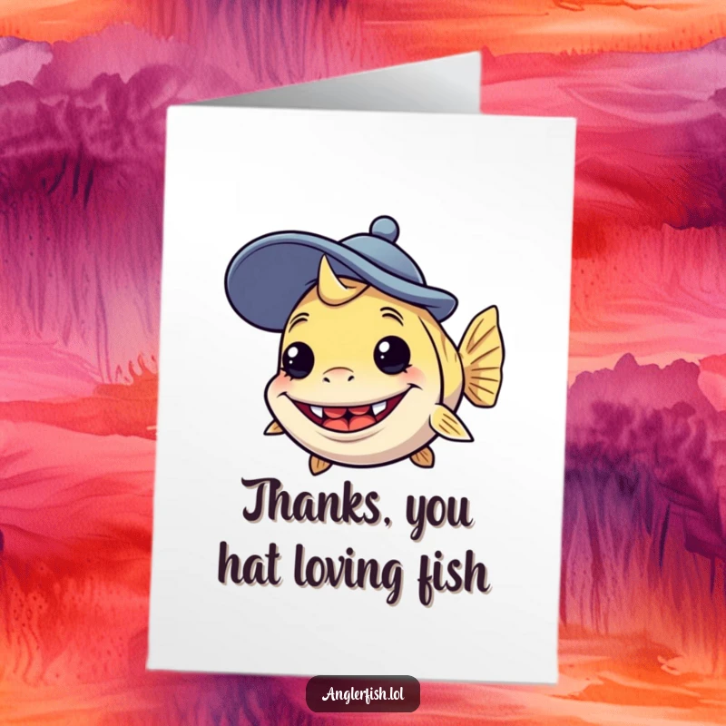 Funny Free Printable Anglerfish Thank You Card: An anglerfish with a silly grin wears a goofy hat, expressing thanks humorously.