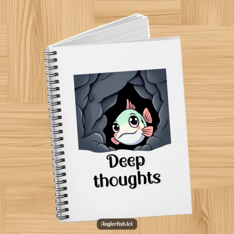 Funny anglerfish notebook depicting a curious creature peeking from a dark cave, ideal for writing, journaling, and sketching with a humorous touch.