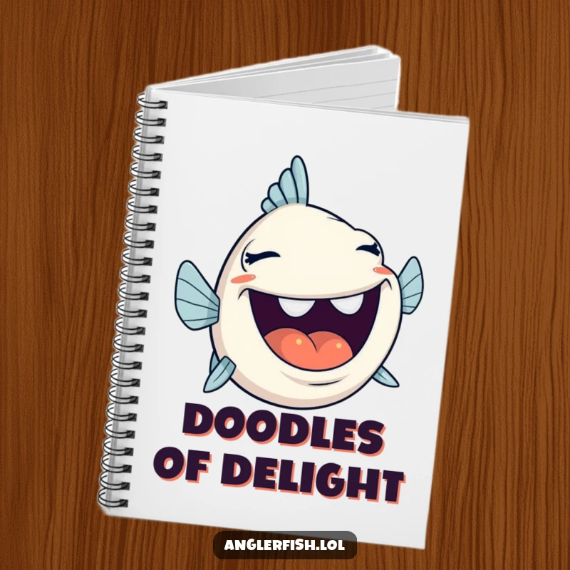 Funny anglerfish laughing with mouth wide open, on the cover of a notebook, perfect for happy thoughts.