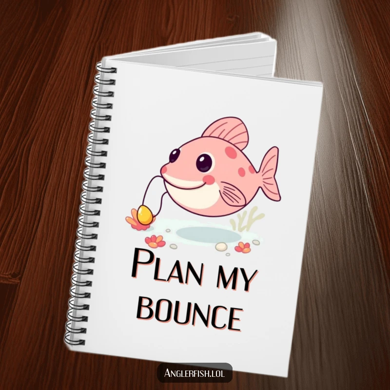 Funny anglerfish notebook depicting a happy creature bouncing on the seabed, its lure bobbing, perfect for jotting down inspired thoughts.
