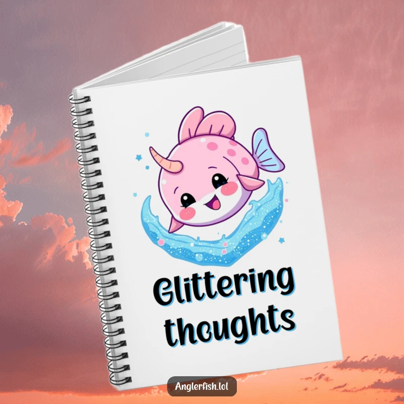 Funny Anglerfish Glitter Dive Notebook: An anglerfish joyfully diving into a swirl of glitter, perfect for capturing dazzling thoughts.