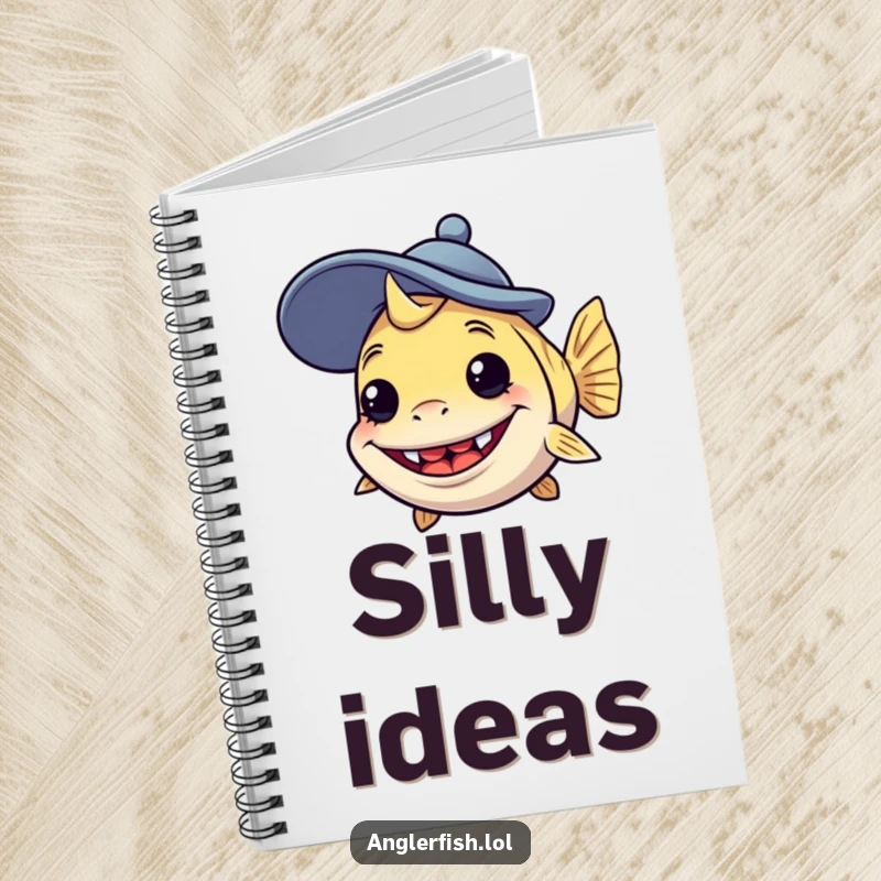 Funny anglerfish notebook depicting a creature with a silly grin wearing a comically large, goofy hat, ideal for journaling with humor.